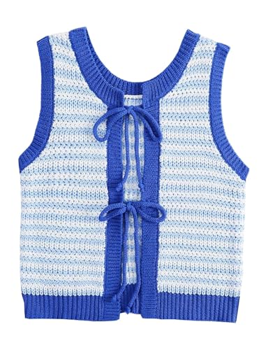 Image of Yvipette Women Sweater Vest Sleeveless Crochet Tops Casual Color Block Tie Back Knit Tank Tops Striped Crop Tank Tops