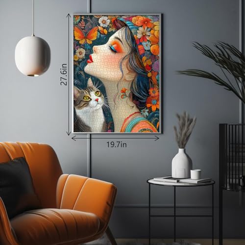 PICKFORU Elegance in Bloom Puzzle para Adultos 1000 Piezas, Rompecabezas de Dama con Arte Único, Gato y Flores miniatura 6