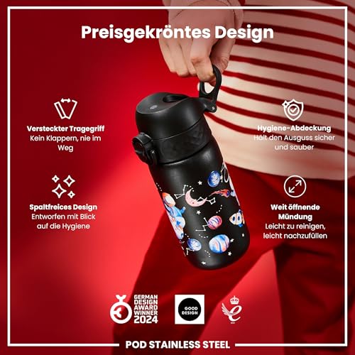 ION8 Kinder Trinkflasche Edelstahl Leicht 400ml Nicht Isoliert Auslaufsicher Einhandöffnung Sichere Verriegelung Spülmaschinenfest Klappdeckel Leicht zu Reinigen, Raumfahrt