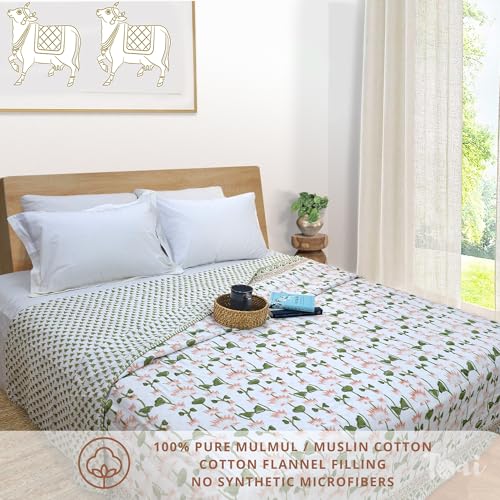 Image of TOAIArt Premium Jaipuri Dohar | AC Blanket Summer Quilt | Hand Block Printed | 3 Layers | Reversible | 150GSM 100% Mulmul Cotton | 100% Cotton Flannel Filling | King 108 inch X 90 inch | Lotus Vines