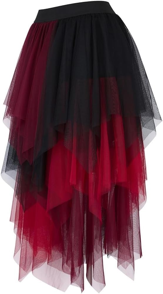 Jutrisujo Women's Flowy Midi High Waisted Elastic Summer Skirts Fairy Asymmetrical Hem Mesh Layered