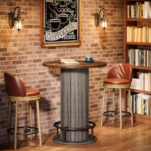 Image of Tribesigns Round Dining Table, 39.4 inch H Small Circle Kitchen Table with Wood Strip Base and Footrest, for Small Spaces, Dining Room, Kitchen, Bar, Brown & Gray (Only Table)
