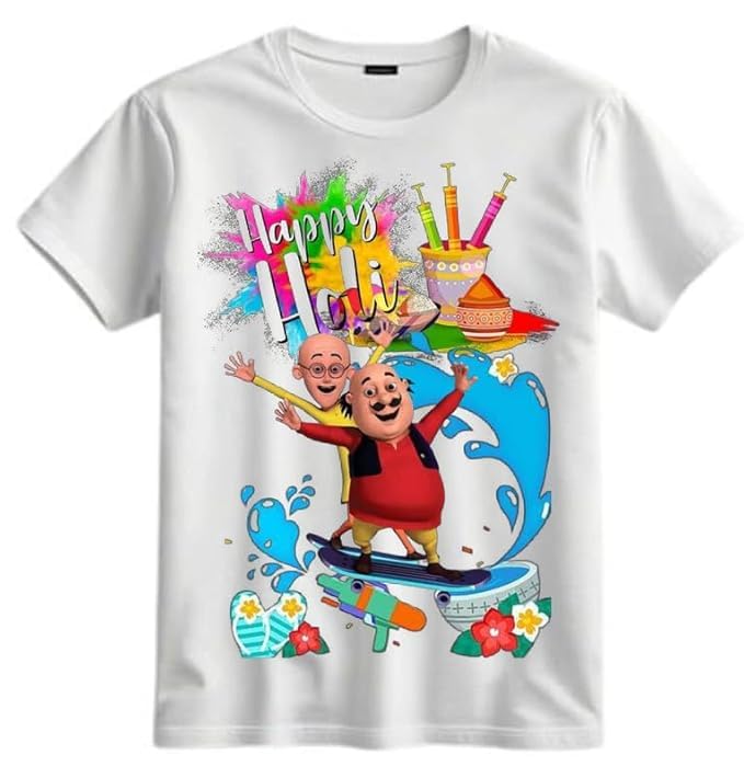 Baby & Sons Boys & Girls Cotton Regular Fit Happy Holi T-Shirt | Printed | with Motu Patlu Print for 2-4 Year | Pack of 1 (C), Multicolor-image-13