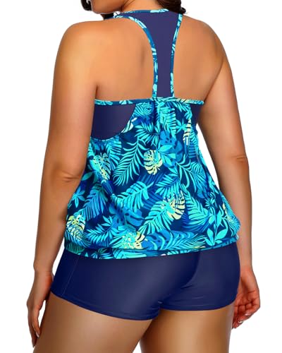 Image of Womens Plus Size Tankini Swimsuit Two Piece Tummy Control Bathing Suit | Blouson Racerback Tankini Top with Shorts, Double Up Design, Removable Pad