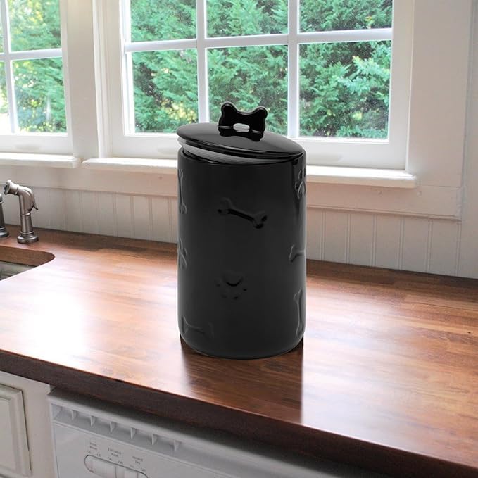Contenitore ermetico per cani, 22,9 x 12,7 cm, grande barattolo in ceramica per bancone della cucina, barattolo bianco per biscotti con coperchio, stile fattoria, per cani e gatti (nero)