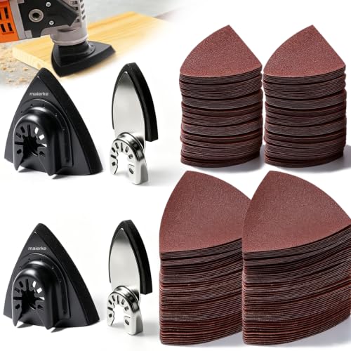 114Pcs Oscillating Tool Sanding Pads Kit 2Pcs Triangle Sanding Pads and 2Pcs Finger Sanding Pad 110Pcs Sandpaper Grit(60-240)Fit for Finishing Wood Plaster Metal Leather Compatible with Multiple Tools