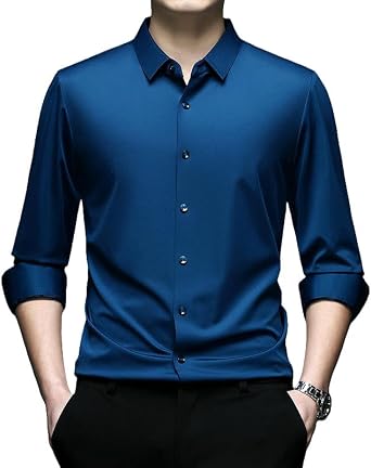 Mens Lapel Long Sleeve Slim Fit Shirt Business Casual Blouse Spring Autumn