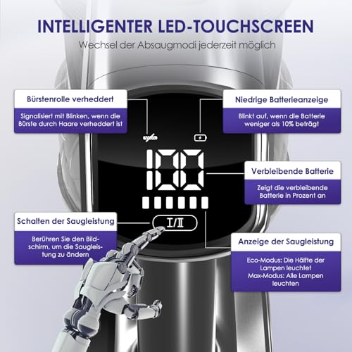Authmic Akku Staubsauger Kabellos, 45000Pa Kabelloser Staubsauger mit Touchscreen, 50Mins, 1.6L, H13 HEPA, Anti-Tangle-Bürste, für Hartböden/Teppich/Tierhaare, Dunkelviolett 4