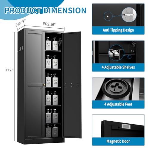 Image of 72 inch H Black Steel Pantry Storage Cabinet with 5 Adjustable Shelves, 6-Tier Tall Metal Cabinets for Kitchen, Living Room, Garage, Heavy Duty Freestanding Utility Cabinet, Assembly Require