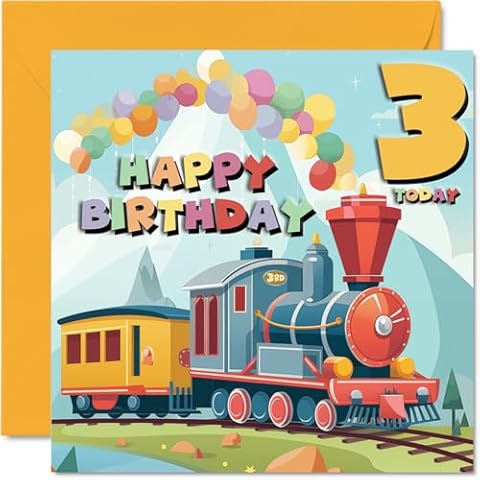 3rd Birthday Card for Boys Girls - Steam Train - Happy Birthday Card 3 Year Old Boy Girl, Third Birthday Cards for Him Her, 5.7 x 5.7 Inch Greeting Cards for Niece Nephew Kids Children Cover