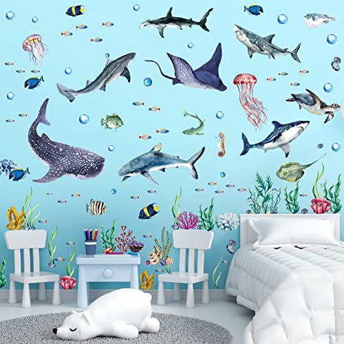 3 Pieces Large Watercolor Sharks Wall Decals Ocean Animal Peel And Stick Wall Sticker Under The Sea Marine Life Theme Decals Nursery Room Home Decor Boy Girl Kid Party Supply, 11.2 X 34.6 Inches #TOP5