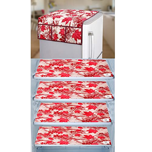 Image of Polyester 3-Layered Fridge Top Cover /Refrigerator Cover with Utility Pockets and Set of 4 Pc Fridge Mats (Color-Floral Red, Size-39x21 Inches)
