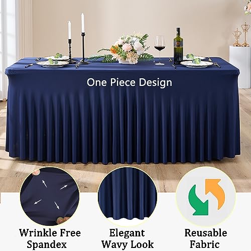 Image of 3 Packs Navy Blue Spandex Tablecloths for 8 Foot Rectangle Tables, Stretchy Fitted 8FT Blue Table Skirt for Wedding Party, Wrinkle Free Tablecloths for Banquet Wedding Birthday Party