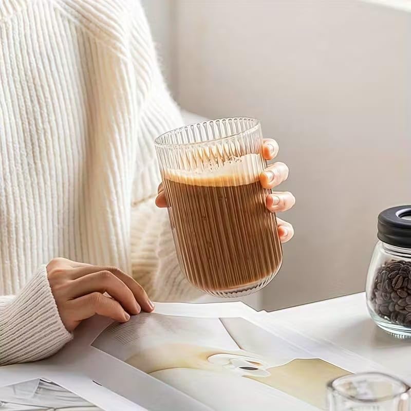 Image of PrimeWorld U-Shaped Ribbed Glass Cups - Stackable Elegant Ripple Vintage Drinking Glassware, 450ml - Set of 6 | Ideal for Iced Coffee, Cocktail, Whiskey, Juice, Beer & Gifts