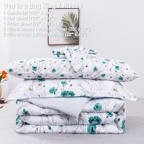 Image of lasoftan Floral King Comforter Set with Sheets, 7 piece Luxury Vintage Bedding, Soft Microfiber Bed in a Bag, Cozy Lightweight Bed Set, Teal Blue Flower Branch