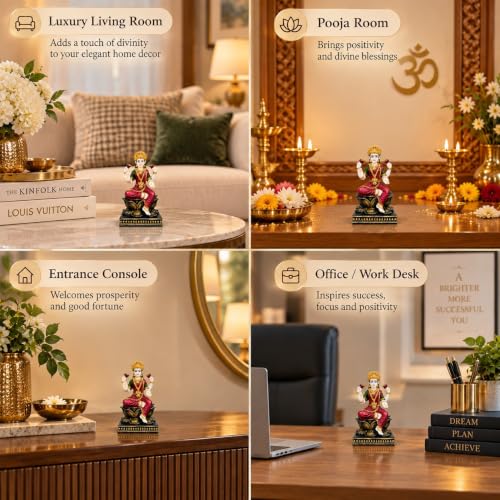 Image of ARMONIA Laxmi Mata Idol with Lotus Throne & Golden Crown | Mahalakshmi Devi Murti for Home Mandir, Pooja Room, Living Room & Office | Lakshmi Statue for Varalakshmi, Diwali & Housewarming Gift | 13 cm