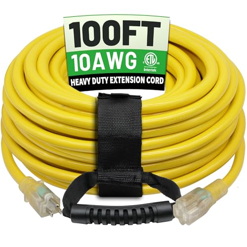 POWGRN 100 Ft 10AWG Outdoor Extension Cord Waterproof Heavy Duty 3 Prong Flexible Cold-Resistant Long Power Cord Outside with Lighted Indicator End 15Amp 1875W SJTW Yellow ETL