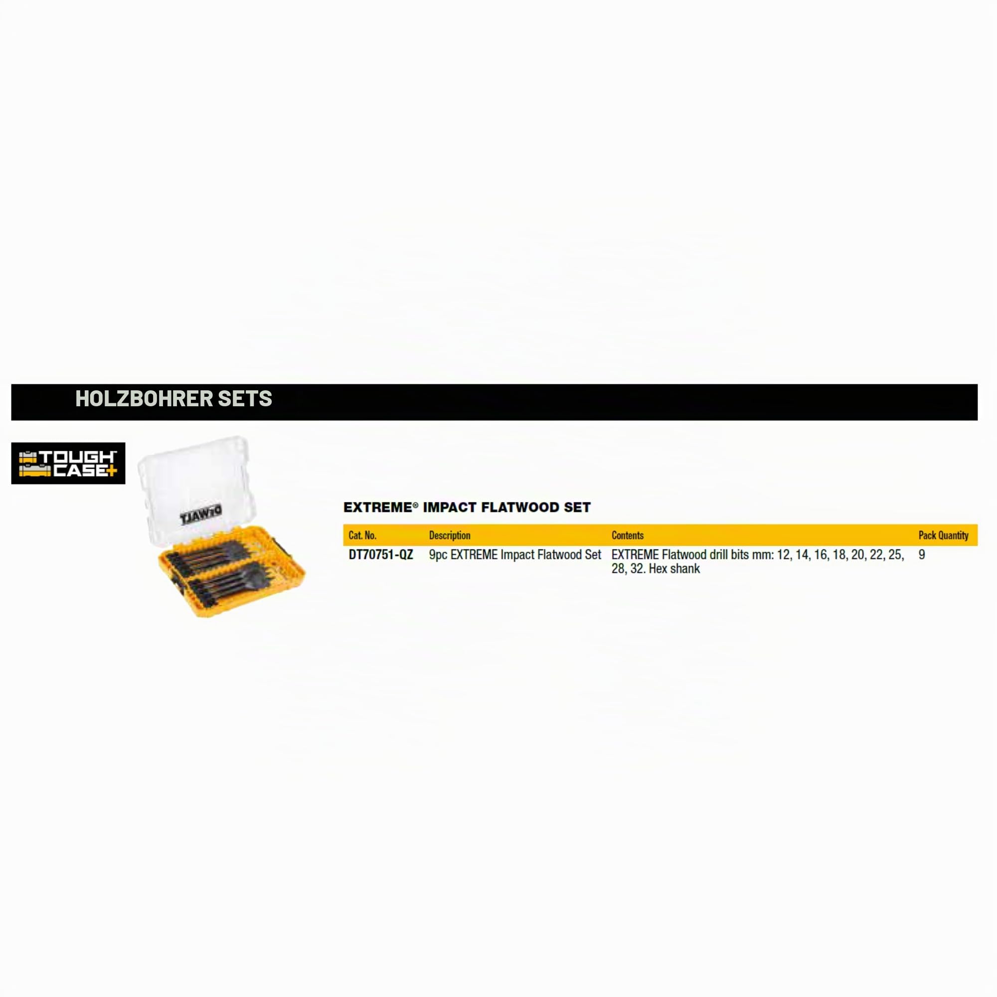 Dewalt Holz-Fräsbohrer-Set 9-tlg (12-32 mm, geschliffene Zentrierspitze, 1/4“ Schaft, für Hart-/Weichholz, Bauholz, Holz mit Nägeln geeignet) DT70751-QZ