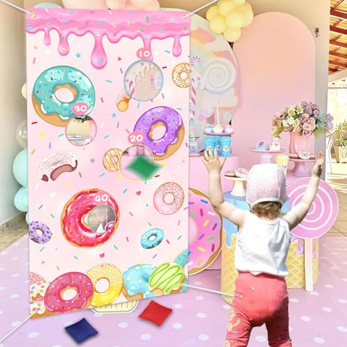 Serencatcher Donut Toss Game Banner with 3 Bean Bags Donut Bean Bag Toss Games Backdrop Background for Donut Party Games Donut Birthday Baby Shower Party Decorations Supplies