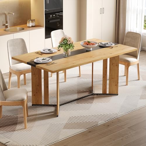 Merax Table à Manger scandinave 150 cm en Bois Effet chêne, Plateau 2,8 cm, Pieds métal Noir, Surface imperméable et Anti-Rayures, Design Nordique pour...