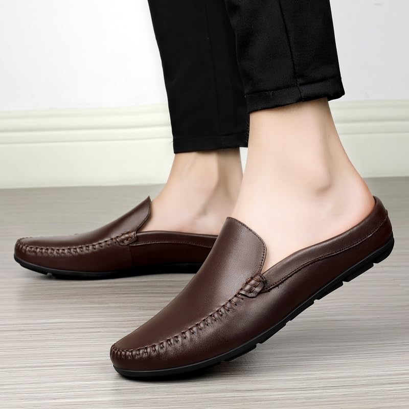 Mens Loafers Round Toe Solid Color Faux Leather Half Loafers Shoes Resistant Flat Heel Anti-Slip Walking Slip On4