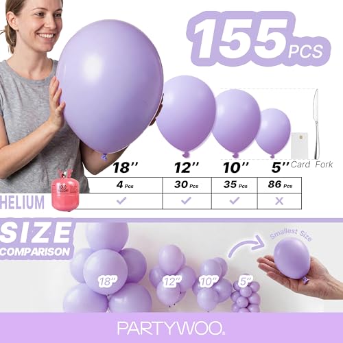 Image of PartyWoo Lavender Balloons 155pcs Different Sizes Pack of 18 12 10 5 Inch Light Pastel Purple Lilac Balloon Arch Kit for Baby Shower Bachelorette Fairy Birthday Princess Party Decorations Purple-Q10