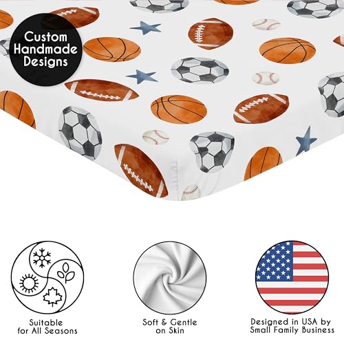 Image of Sweet Jojo Designs Baby Fitted Mini Crib Sheet (Vintage Sports Theme) for Boys, Newborn /Infant Nursery, Play Yards, Portable Cribs (Sport Themed, Soccer Balls, Football, Baseball, Basketball, Star)