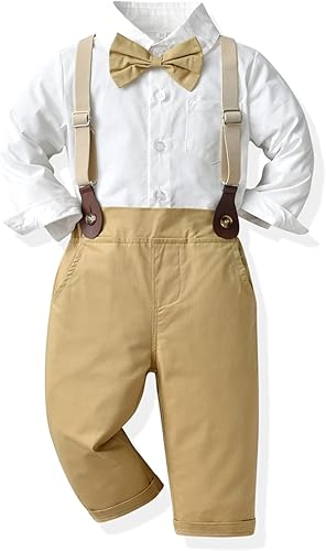 Miniatura 2 de Conjunto de ropa de caballero de manga larga con corbatín y pantalones con tirantes para bebés y niños pequeños