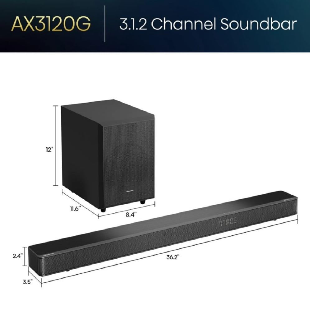 Hisense AX3120G Soundbar Speaker Black 3.1.2 Ch 360W with Subwoofer, Dolby Atmos & DTS:X (Renewed)
