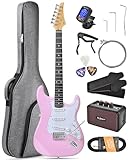 Leo Jaymz Beginner Electric Guitar Complete Kit with Portable Amp, Padded Gig Bag & Full Accessories, Maple Neck SSS Pickups (Pink)