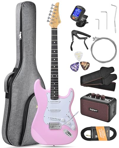 Leo Jaymz Beginner Electric Guitar Complete Kit with Portable Amp, Padded Gig Bag & Full Accessories, Maple Neck SSS Pickups (Pink)