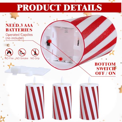 Image of Baquler 3 Pcs Christmas Flameless Candles Pastel Candy Cane LED Pillar Candle Peppermint Glitter Red and White Battery Operated Candlestick for Xmas Party Holiday Table Home Decoration(Thick Stripe)