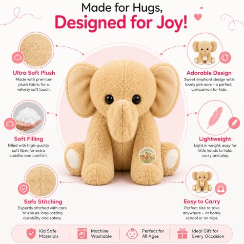 Image of Beige Elephant Soft Toy 25cm | Cute Plush Stuffed Toy