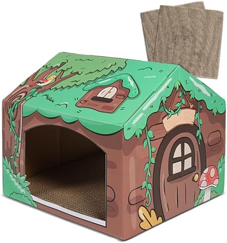 SEKAM Cardboard Cat House With Scratcher/Catnip, (16.5''L X 12''W X 13''H) Cat Play House For Indoor Cats, Cat Scratching Toy, C