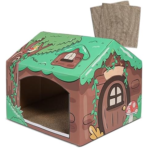Cardboard Cat House, Indoor Cat Scratch House Combo with Catnip（14" L x 13" W x 12" H）, Cat Scratch Toy for Cat & Small Animals, Hideout Cat Play House Cover