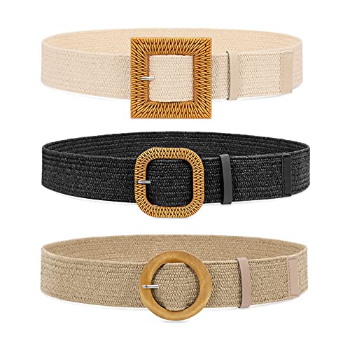 Set of 3 Straw Woven Elastic Stretch Waist Belts for Women, Fashion Boho Ladies Braided Skinny Dress Belt by WHIPPY