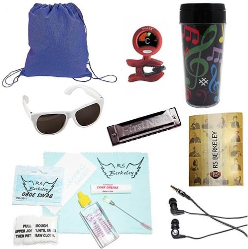 Band Camp Survival Pack for Oboe Players - Includes: Drawstring Backpack, Oboe Care Cleaning & Maintenance Kit, Music Note Travel Tumbler, Sunglasses, Band Folder, Tuner/Metronome, Bonfire Harmonica & Earbuds
