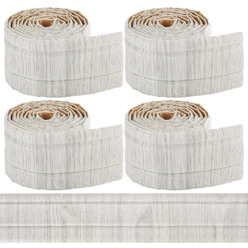 CRASPIRE Moldura de Corona para Papel Tapiz de 362 x 3.14 Pulgada Autoadhesiva Flexible con Veta de Madera de Roble Beige Zócalo 3D Borde de Pared Adhesivo con Espejo Vintage Líneas de Base de Espuma