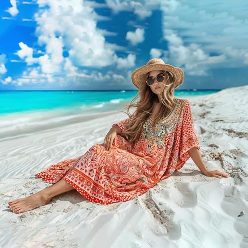 Image of Miss Lavish London Kaftan Dresses for Women Beach Coverups Plus Size V Neck Summer Caftan Maxi Dress, Red African Print Resort Wear with Batwing Sleeves, Side Slit & Pockets on Both Sides-Red-XL