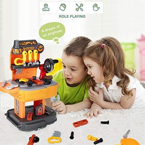 FREE TO FLY Toddler Toys Kids Tool Kits: 2 in 1 Transformable School Bag & Workbench, 31 Pieces Brick Blocks Work Shop Toy Set for Preschool Boys Girls,