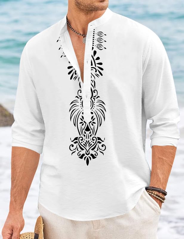 Image of FINIVO FASHION Men's Cotton Blend Short Kurta with Bold Printed Front Design | Full Sleeve Ethnic Casual Kurta with Mandarin Collar | Artistic Festival & Travel Wear for Modern Ethnic Style