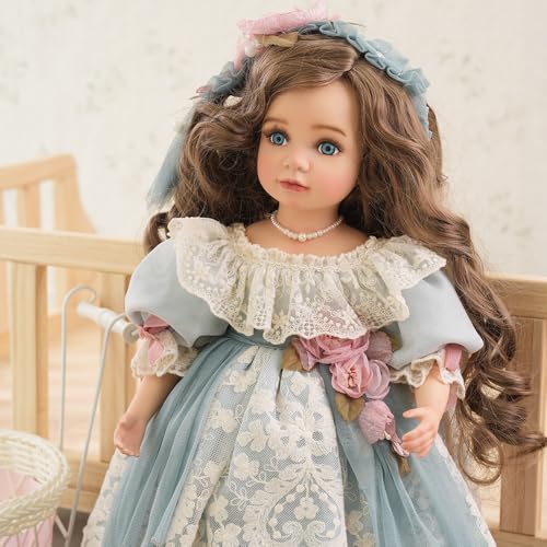 Cloveray 18 Inch Kawaii Porcelain ＆ Fabric Doll Cute European Retro Handmade Ceramic Doll with Showing Stand for Room Decor, Birthday Gifts, Collectible ，Name Olivier (Blue)