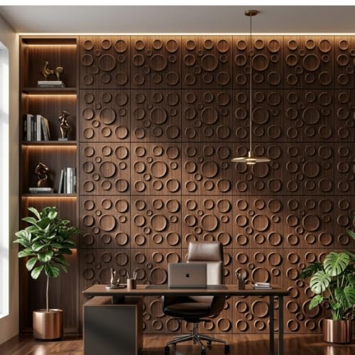 Image of Kayra Decor 3D PVC Wall Panels for Bedroom & Living Room | Moon Design | Walnut Wood Color | 19.7 x 19.7 Inch | Pack of 18 | 42.48 Sq Ft
