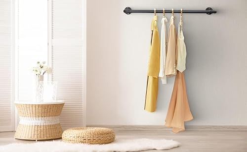 Kleiderstange für Wand, 120cm Garderobenstange im Industrie-Design Industrierohr Kleiderstange, bis 50 kg belastbar, einfache Montage, Abnehmbare Garderobenstangen aus Metall/Mattschwarz
