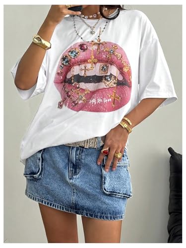 SweatyRocks Women's Y2K Lip Graphic Tees Crew Neck Half Sleeve Oversized T Shirts Streetwear Tops4