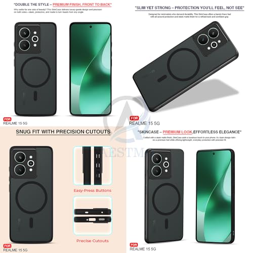 Image of AESTMO Realme 15 5G Back Cover | 360 Protection | Matte Frosted Hard Back Translucent | Compatible with MagSafe Accessories (MagSafe Matte Hard Black Bumber)