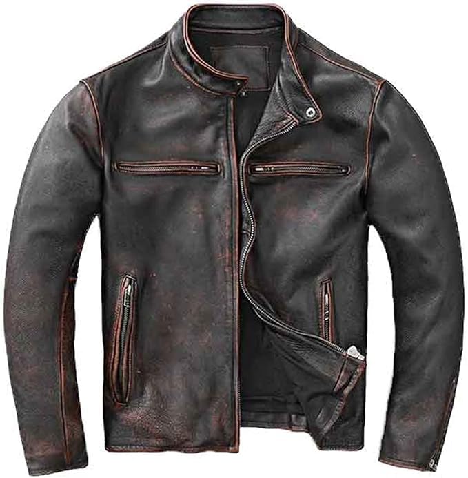 Mens Distressed Real Leather Jacket, Vintage Cafe Racer Style, Black
