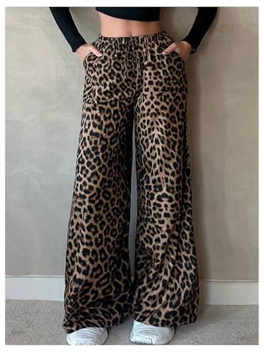 GORGLITTER Women's Leopard Cheetah Print Pants Baggy Wide Leg Flare Pants with Pockets3