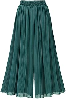 Women's Elastic Waist A-Line Pleated Chiffon Cropped Wide Leg Pants Culo...