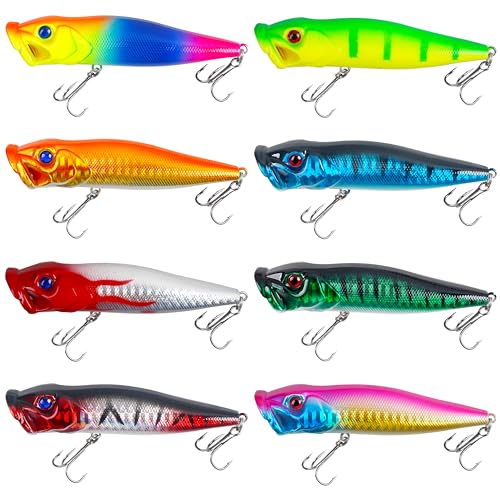 Popper Lure Topwater Fishing Lures,8pcs Popper Fishing Lures Kit Hard Bait Topwater Bass Lures Pencil Artificial Bait with Treble Hook for Bass Trout Catfish Redfish Pike Freshwater Saltwater